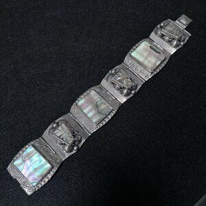 Vintage Taxco Ornate Panel Bracelet Alpaca Silver & Abalone Wide Chunky 7"